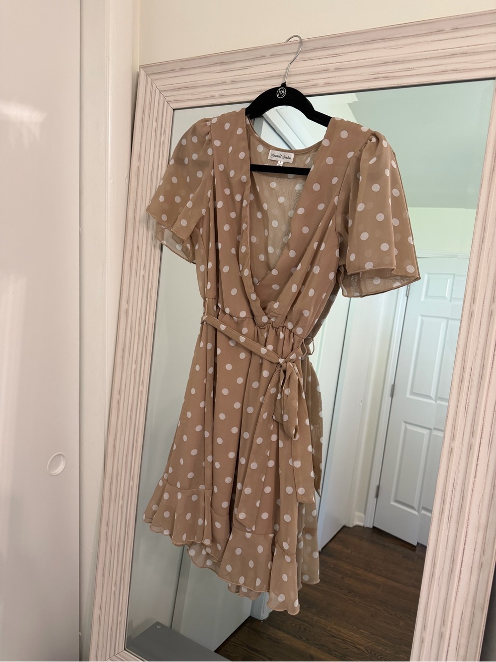 Boutique tan chiffon dress with polka dots